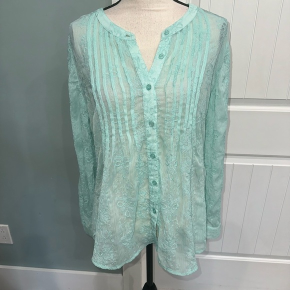 Chico’s Kaydence Sheer Mint Embroidered pleated button front top size 1/medium - Picture 1 of 5
